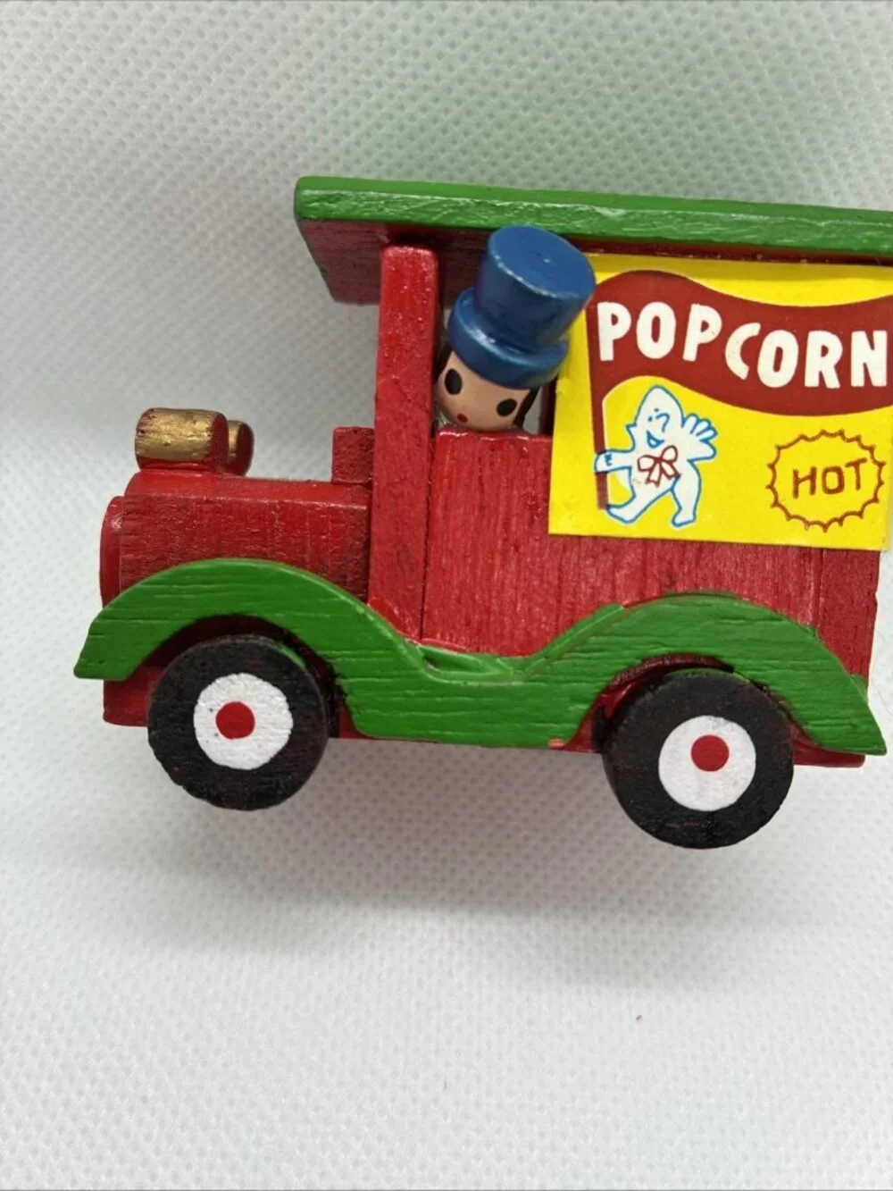 Vintage Wooden Popcorn Wagon Christmas Ornament Handcrafted Train Cart